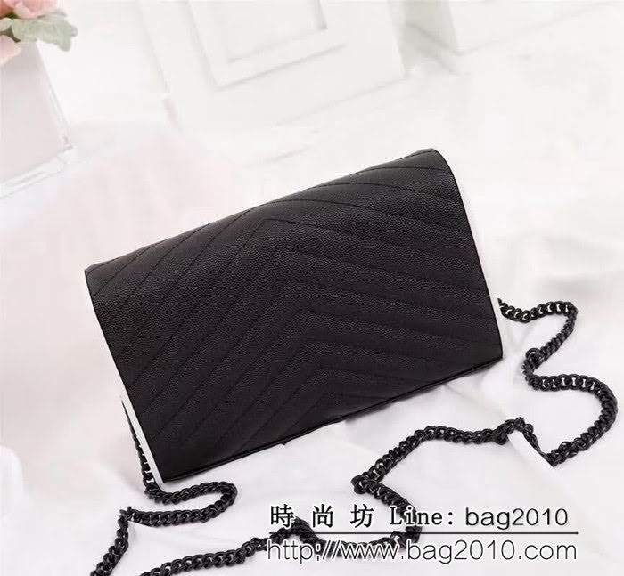 YSL聖羅蘭 黑白配魚子醬牛皮V紋刺繡 鏈條單肩斜挎包 26813 YAS1039